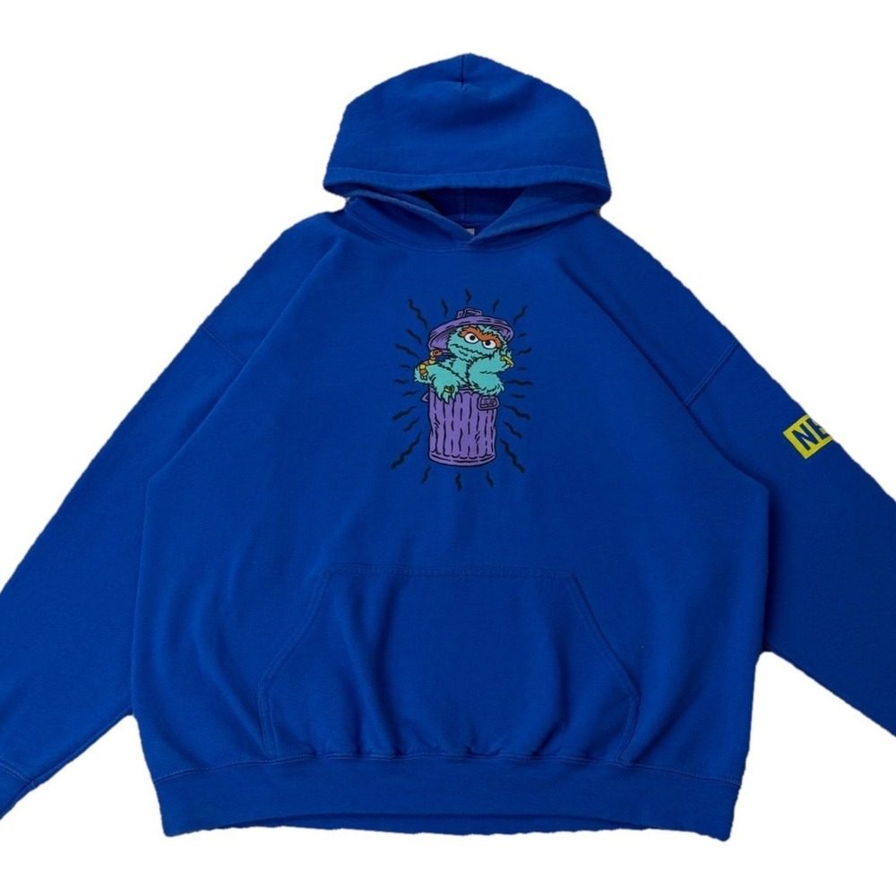 Oscar the Grouch Hoodie Blue Graphic Pullover Sweatshirt Blokecore Y2K Mens XL